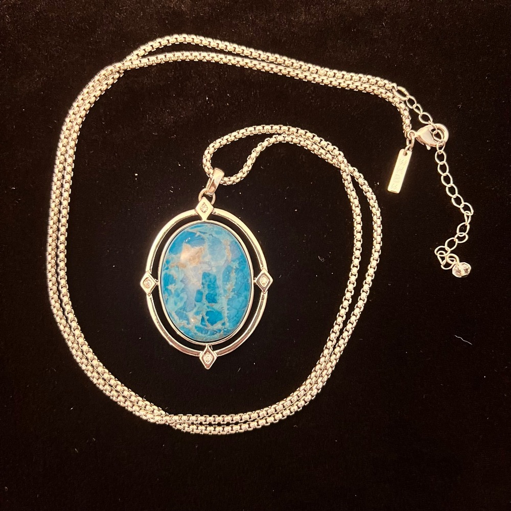 WHBM Blue Stone Long Pendant Necklace Silver Tone Boho Coastal Whimsigoth